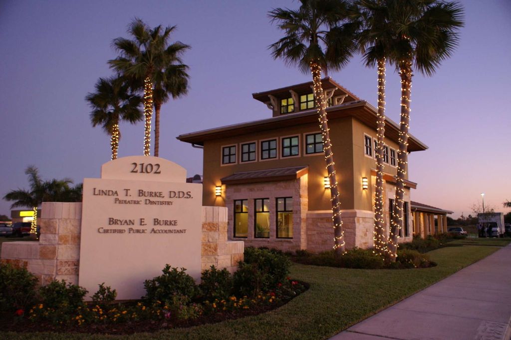 The office at 2102 E. Tyler Ave. in Harlingen at dusk, with the sign for Bryan E. Burke, Certified Public Accountant